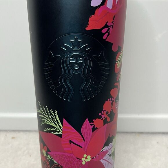 Starbucks Holiday Christmas 2021 Dark Green Poinsettia Metal Tumbler 16oz New - Picture 2 of 8